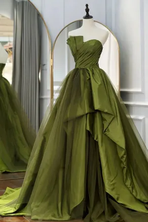 A Line Asymmetrical Strapless Green Long Prom Dress with Ruffles