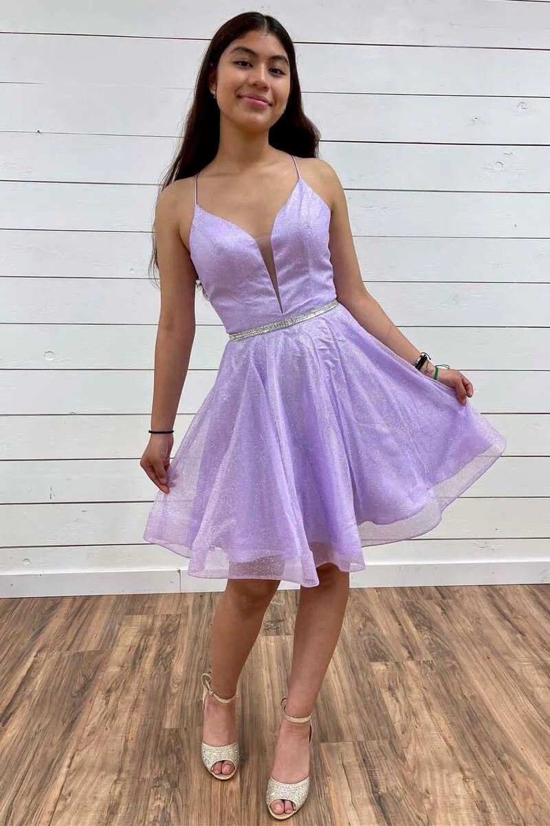 A-Line Lavender Plunge V Short Homecoming Dress Mini Cocktail Dresses