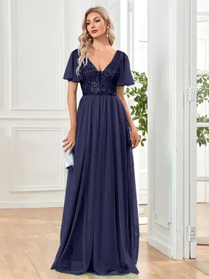 A Line V Neck Long Formal Dress with Sequins - Blue