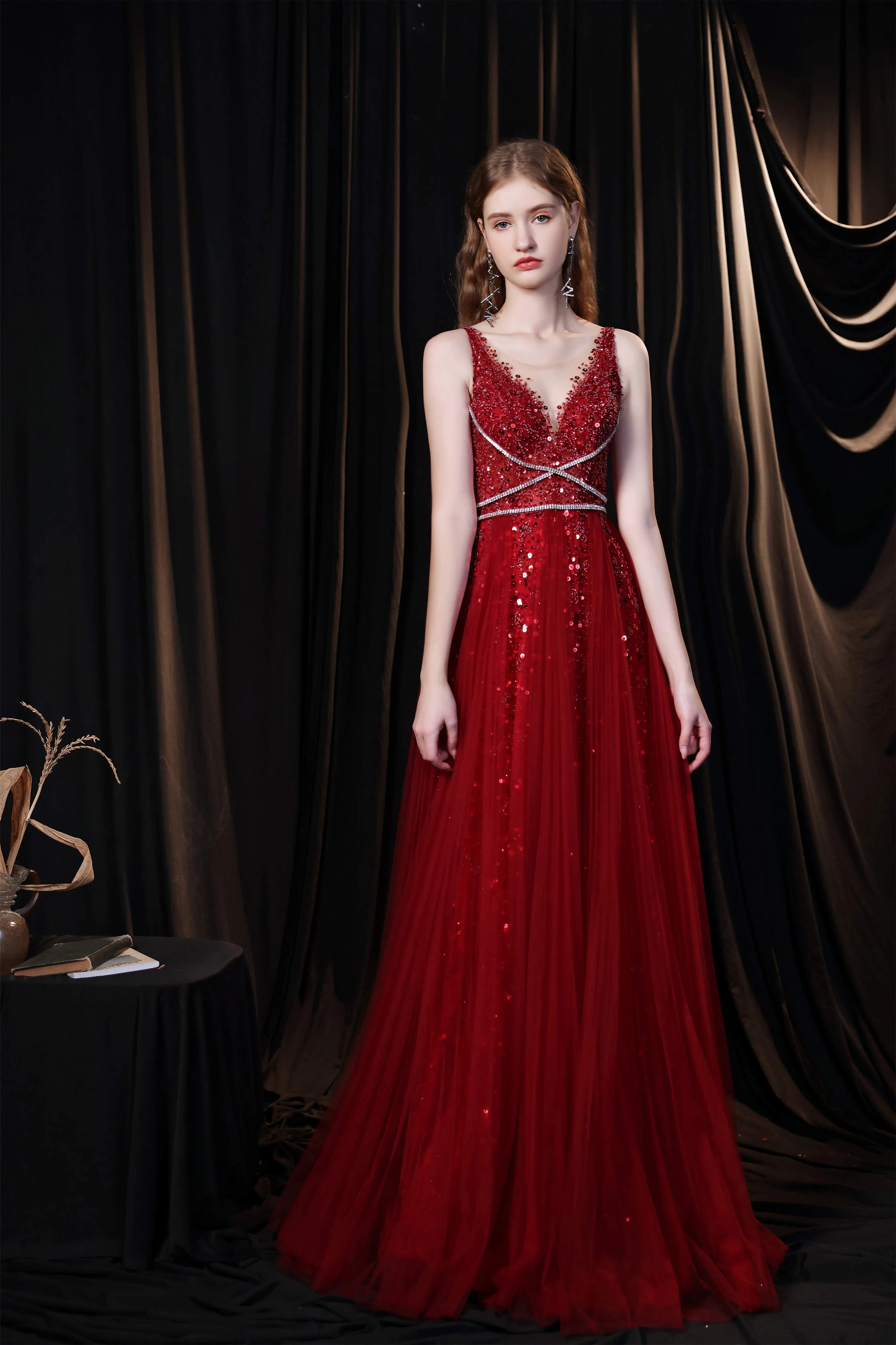 A Line V-neck Shiny Sequin Beaded Prom Dresses