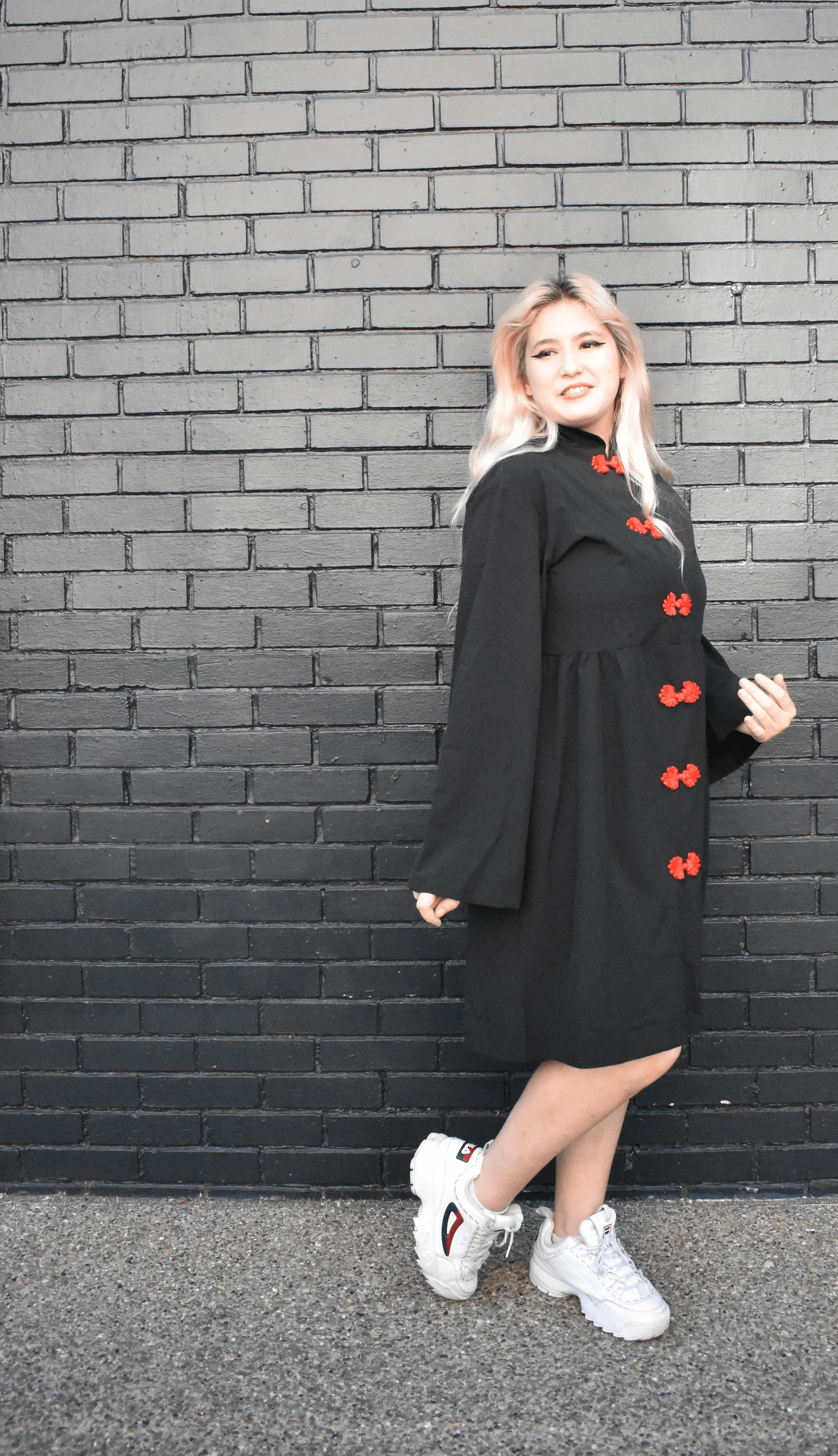 ACDC Rag Flashy China Button Long Sleeve Black Dress