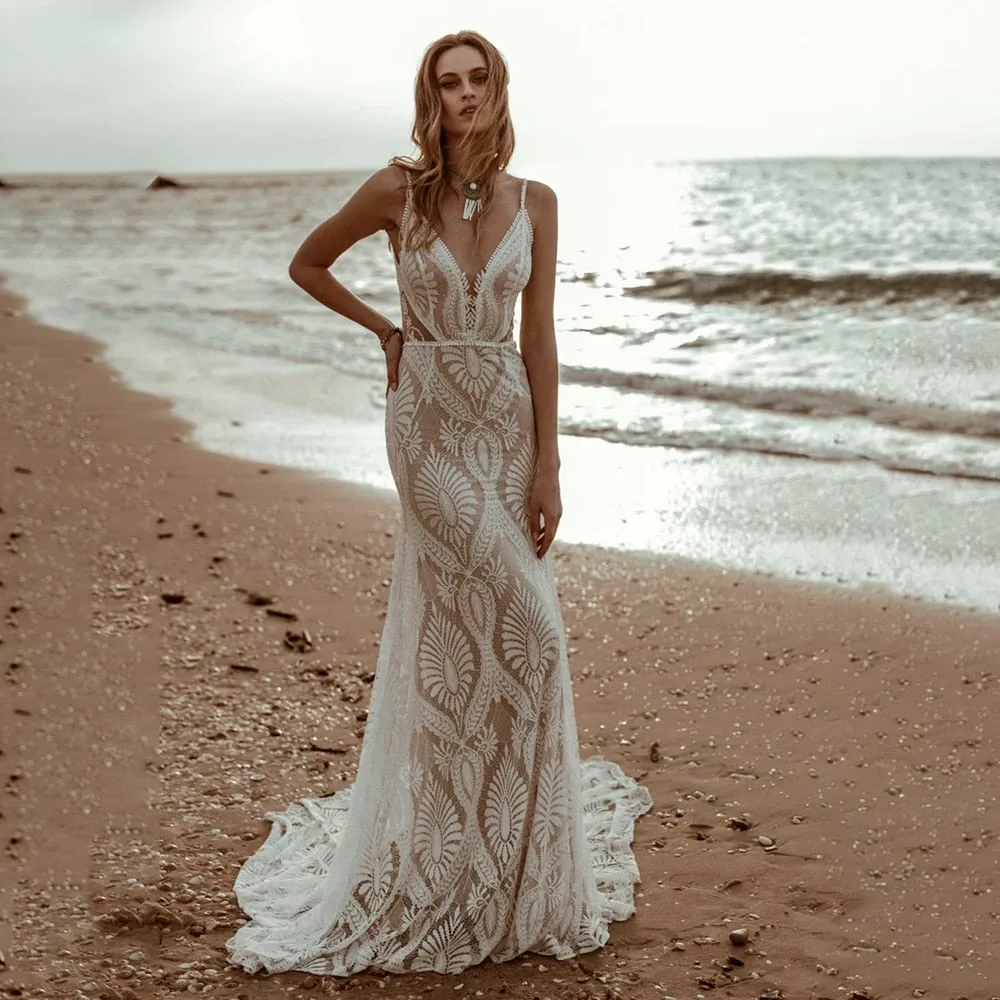 Beach Wedding Mermaid Bridal Gown Deep V-Neck Rustic Lace Dress