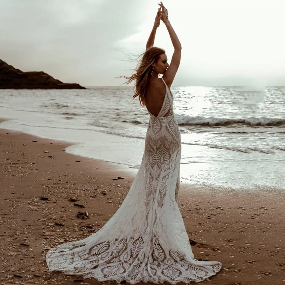 Beach Wedding Mermaid Bridal Gown Deep V-Neck Rustic Lace Dress