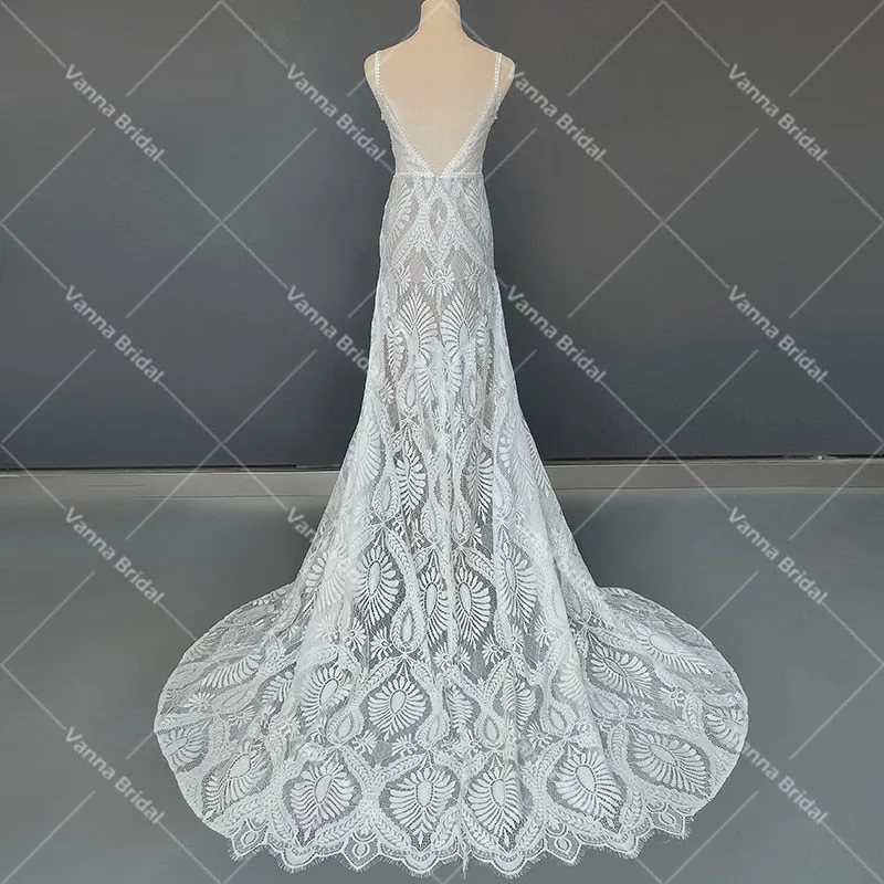 Beach Wedding Mermaid Bridal Gown Deep V-Neck Rustic Lace Dress