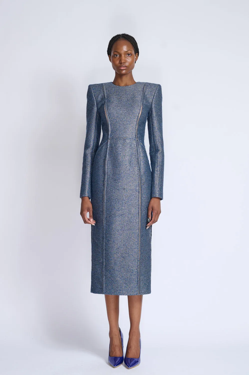 Beehive Tweed Sheath Dress With Cracked Seam Detail