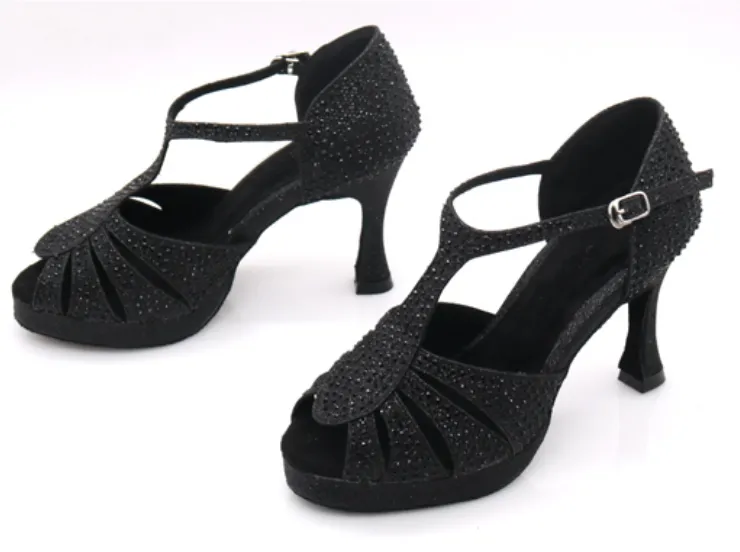 Black Satin With Black Rhinestones Samba Platform Dance Shoes