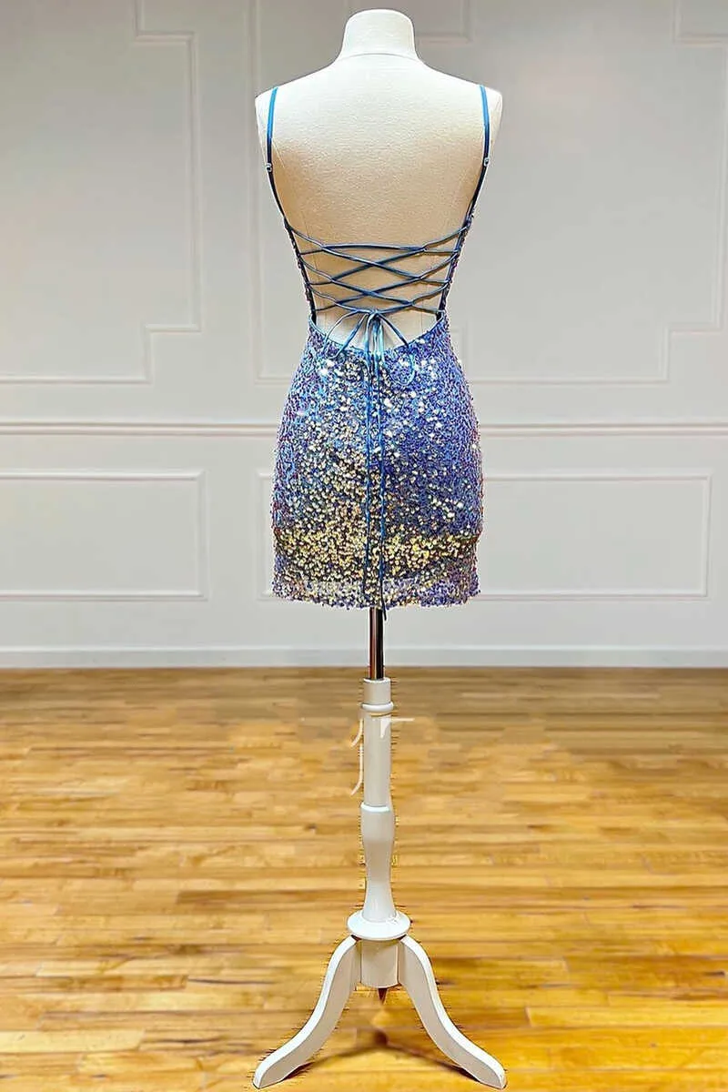 Blue Iridescent Bodycon Mini Cocktail Dress with Sequins