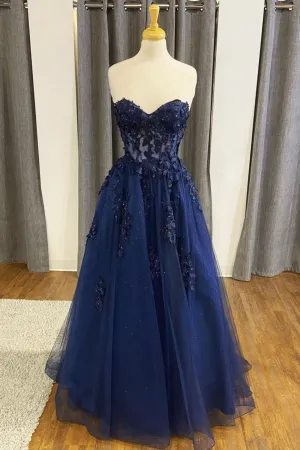 Blue Strapless Lace Long Prom Dress, A-Line Evening Dress Party Dress