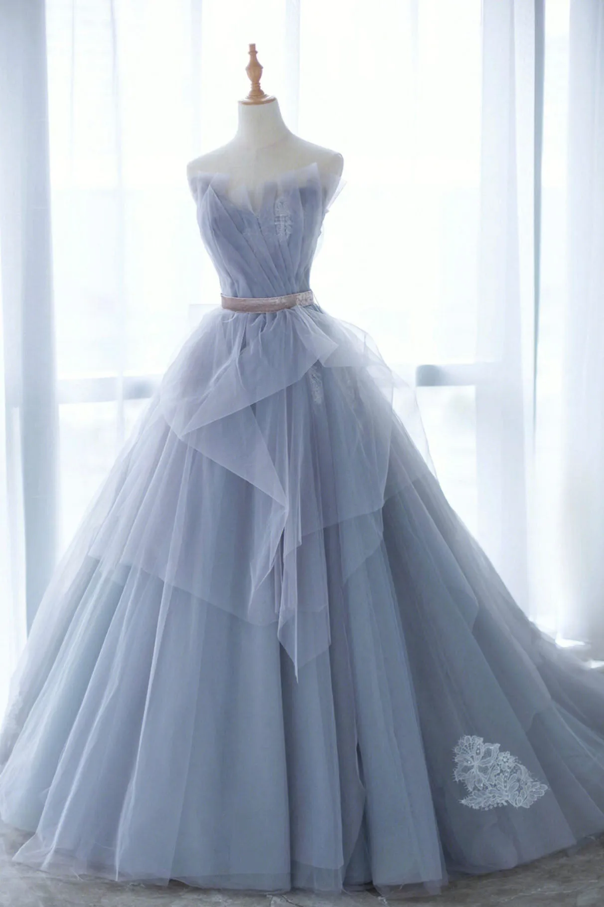 Blue Tulle Lace Long Prom Dress A-Line Strapless Evening Gown