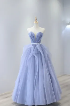 Blue Tulle Strapless Long Prom Dress A-Line Blue Evening Dress