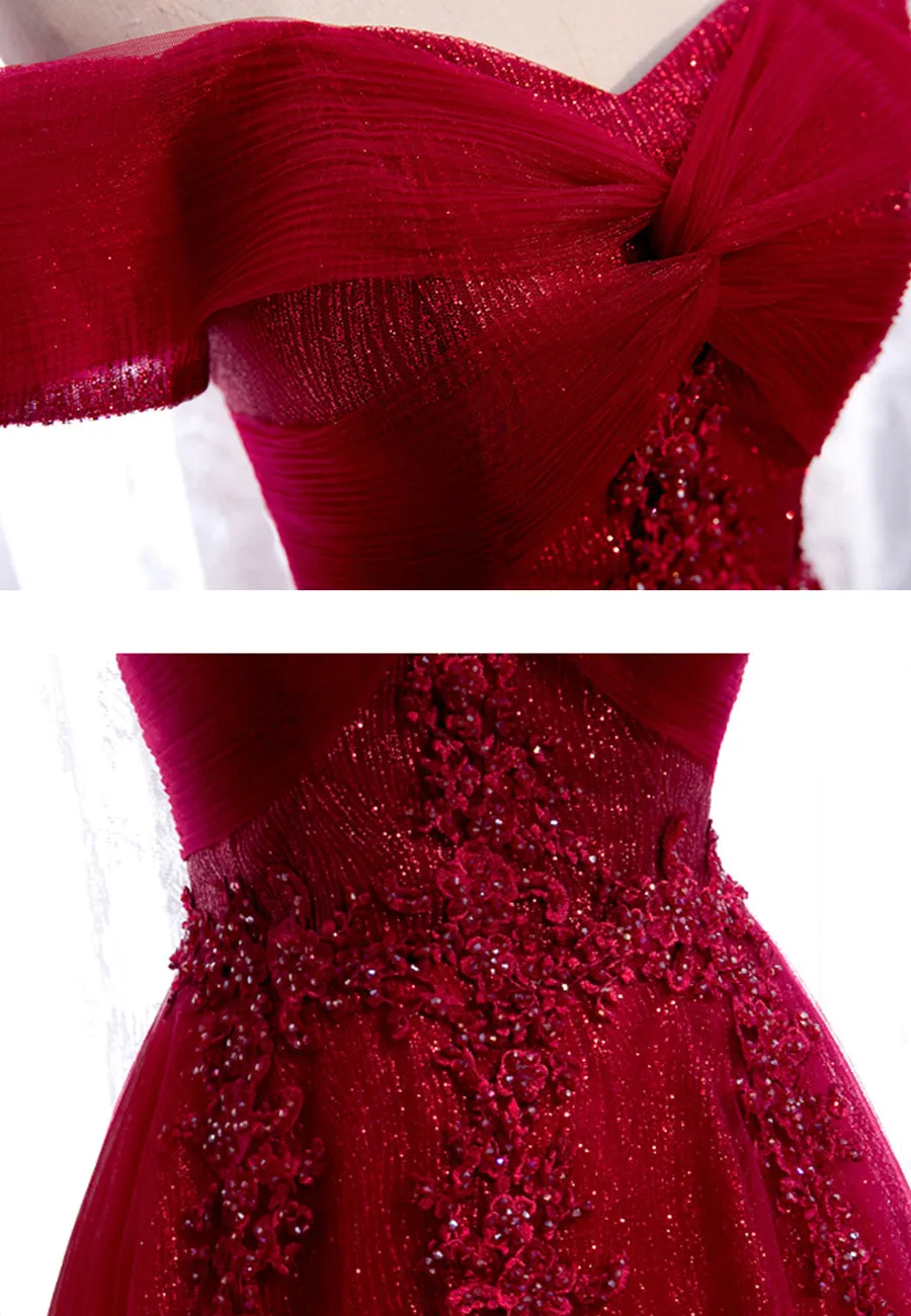 Burgundy Lace Long Prom Dresses A-Line Off the Shoulder Evening Dresses