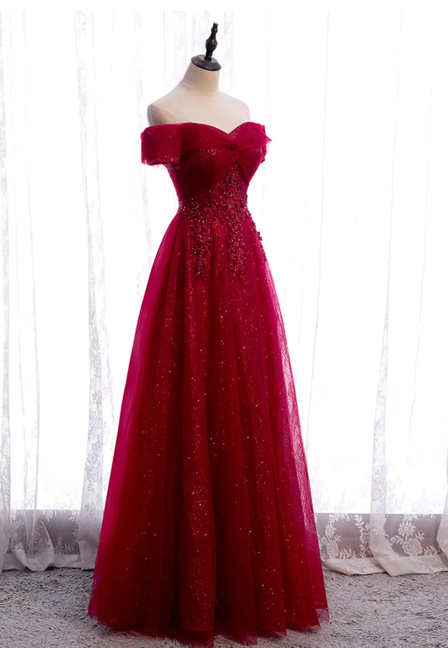 Burgundy Lace Long Prom Dresses A-Line Off the Shoulder Evening Dresses