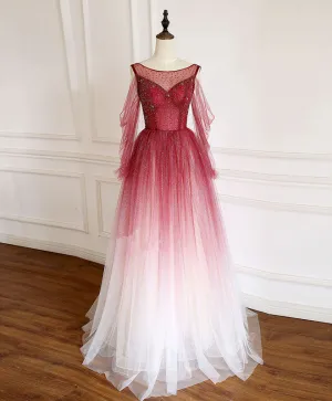 Burgundy Round Neck Tulle Long Prom Dress Burgundy Evening Dress