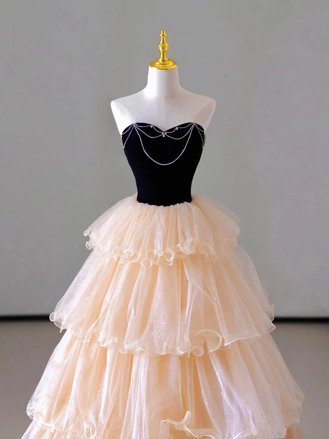 Champagne Strapless Tulle Long Prom Dress Beautiful Formal Evening Dress