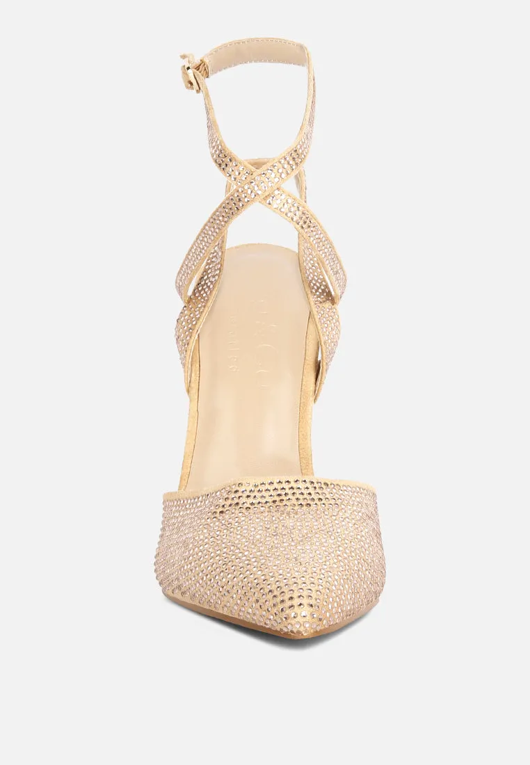 CHARMER Rhinestone Embellished Stiletto Sandals in Champagne