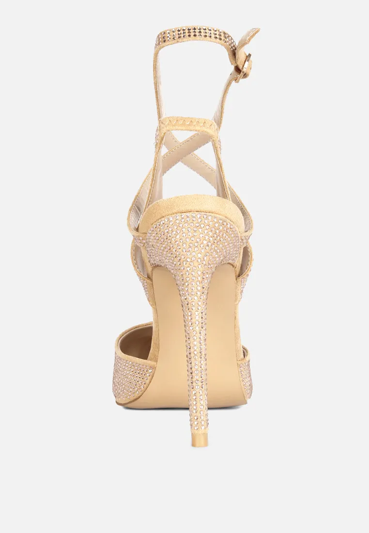 CHARMER Rhinestone Embellished Stiletto Sandals in Champagne