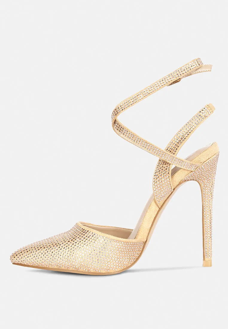 CHARMER Rhinestone Embellished Stiletto Sandals in Champagne