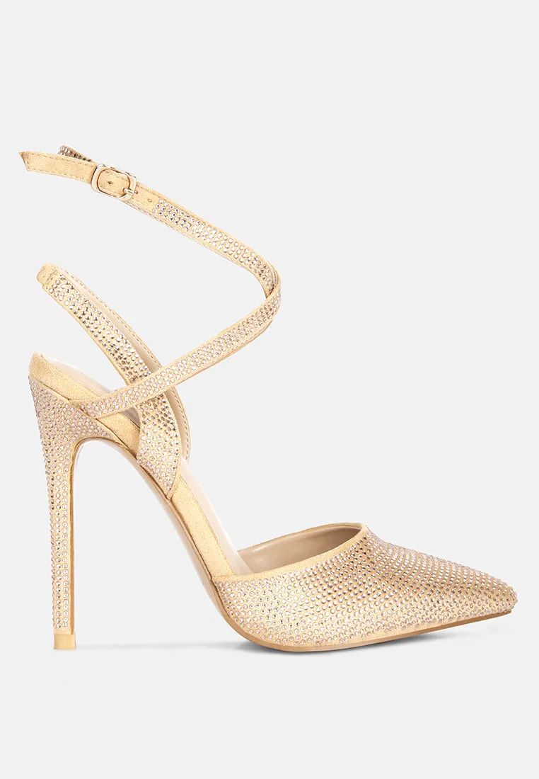 CHARMER Rhinestone Embellished Stiletto Sandals in Champagne