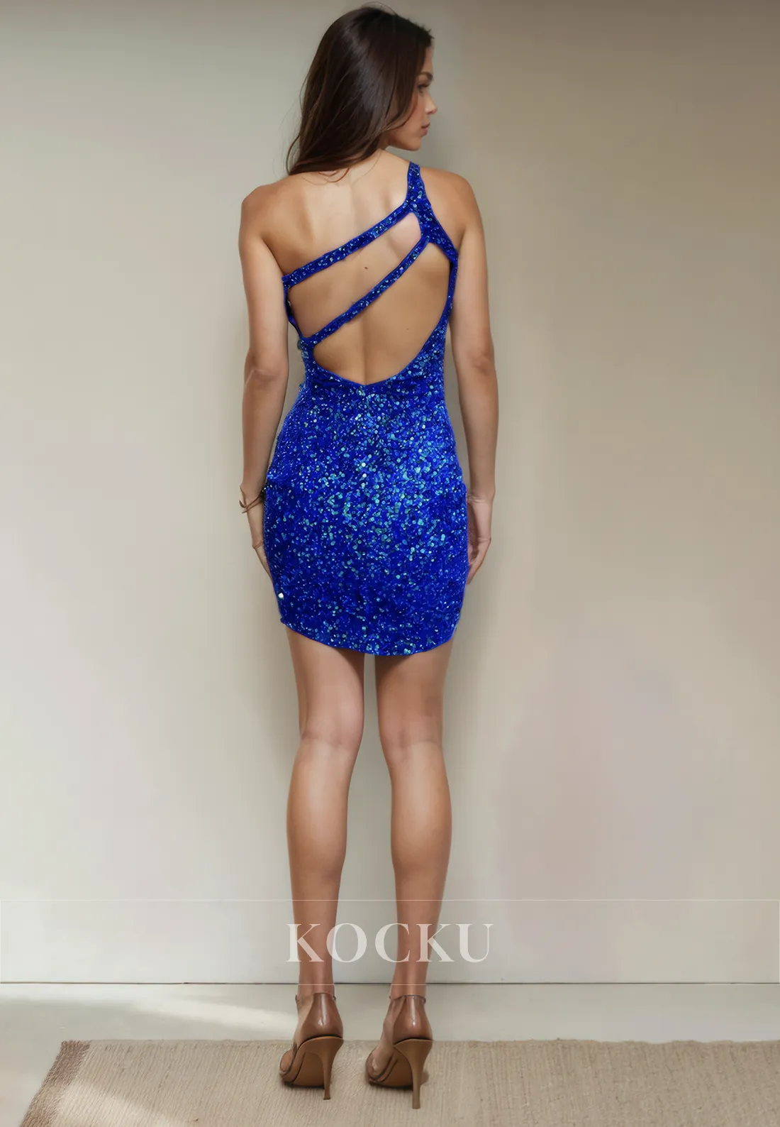 Chic & Modern One Shoulder Sleeveless Sparkly Backless Sequined Party Homecoming Dress