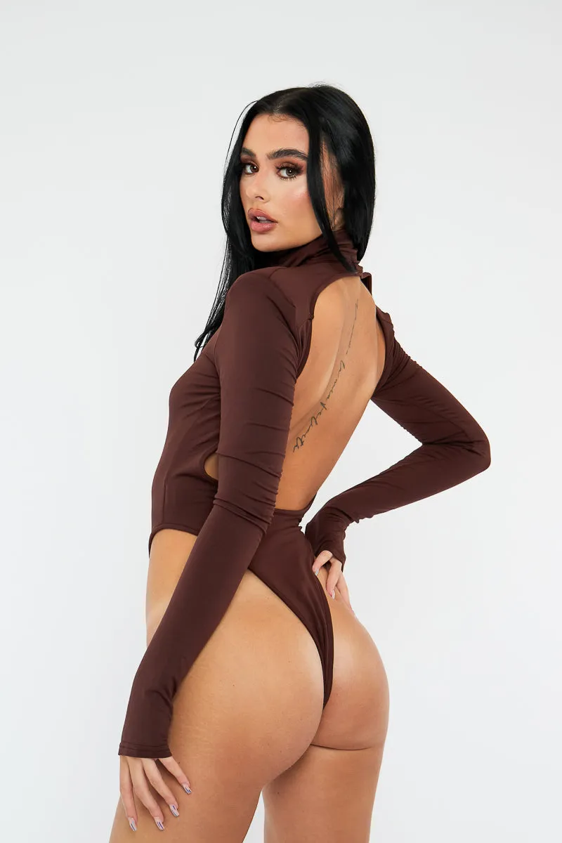 Chocolate Backless High Neck Bodysuit - Tilli