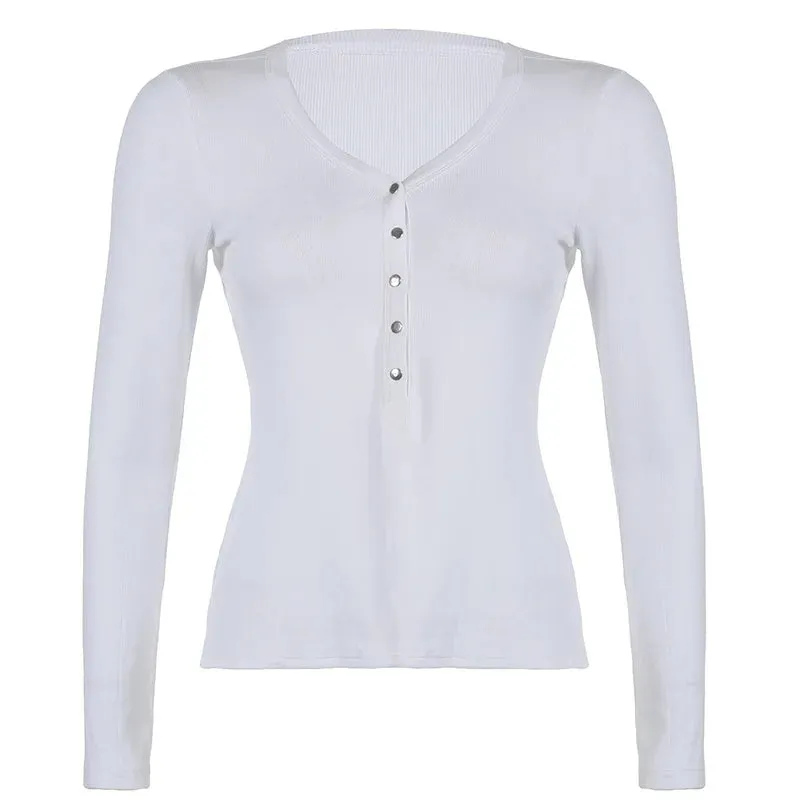 Cozy Ribbed Knitted White T Shirts Y2k Women Casual Button Down Deep V Neck Long Sleeve Top Fall Winter P84-BH11