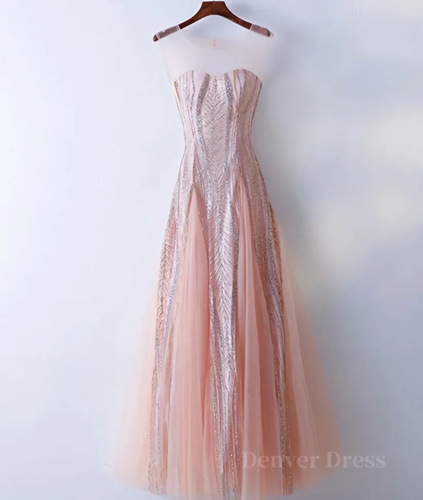 Custom Made Round Neck Lace Pink Prom Dresses, Lace Pink Formal Dresses, Evening Dresses