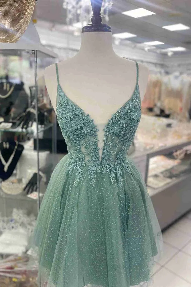 Deep V-Neck Sage Green Appliques Short A-Line Homecoming Dress