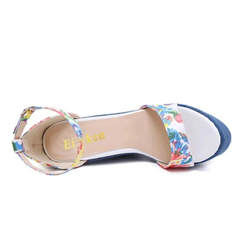 Denim Floral Print Peep Toe High Platform Wedge Sandals