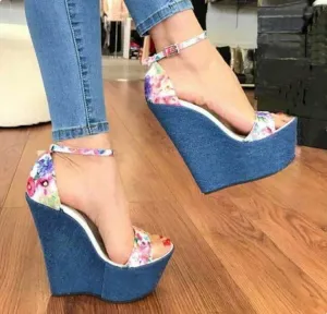 Denim Floral Print Peep Toe High Platform Wedge Sandals