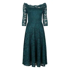 Emerald Green Lace Vintage Style Swing Dress With 3/4 Sleeves & Boat Neck