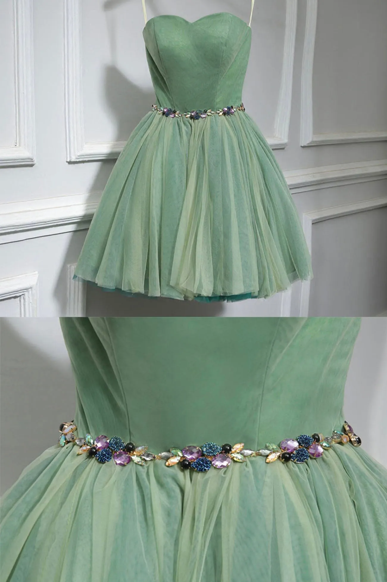 Green Strapless Tulle Short Prom Dress A-Line Evening Party Dress