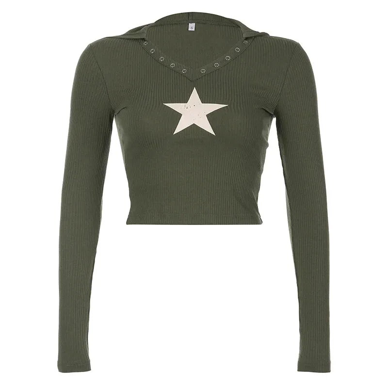 Harajuku Star Print Green Hooded Tee Shirt Long Sleeve Skinny Korean Style Crop Top Women Basic Eyelet Autumn T shirt