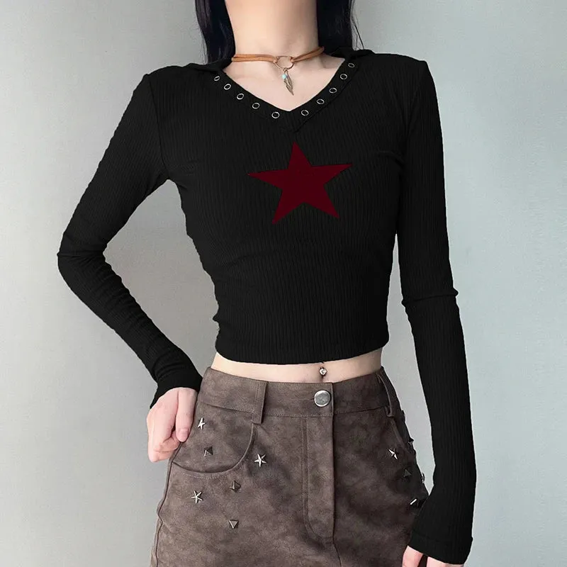 Harajuku Star Print Green Hooded Tee Shirt Long Sleeve Skinny Korean Style Crop Top Women Basic Eyelet Autumn T shirt