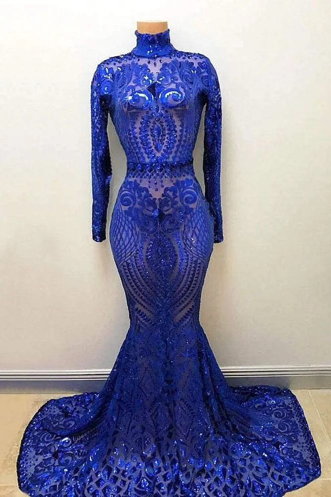 High Neck Long Sleevess Crystal Beading Appliques Mermaid Evening Gowns