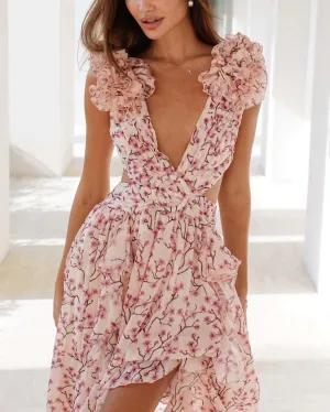 Hollow Deep V Ruffled Floral Backless Dress