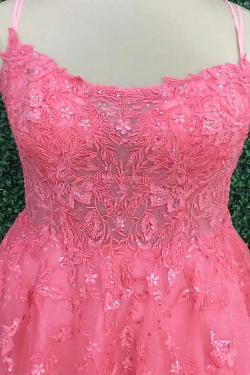 Hot Pink Floral Lace Backless A-Line Prom Dress