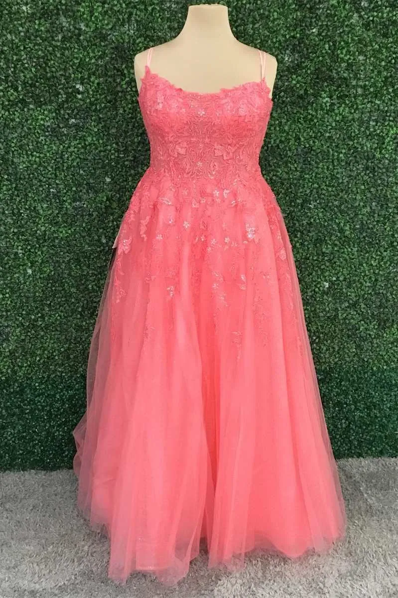 Hot Pink Floral Lace Backless A-Line Prom Dress