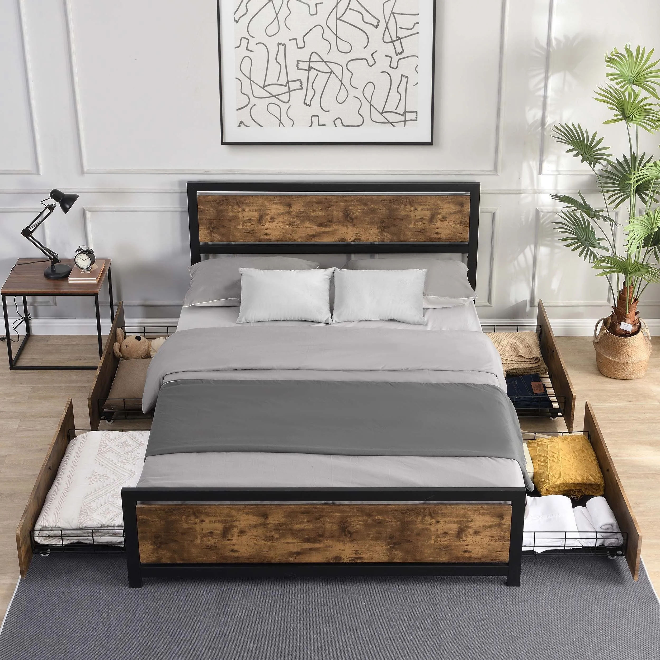 Industrial Wood and Metal Bed Platform with 4 Storage Drawers and Headboard, No Box Spring Needed, Full Size, Brown