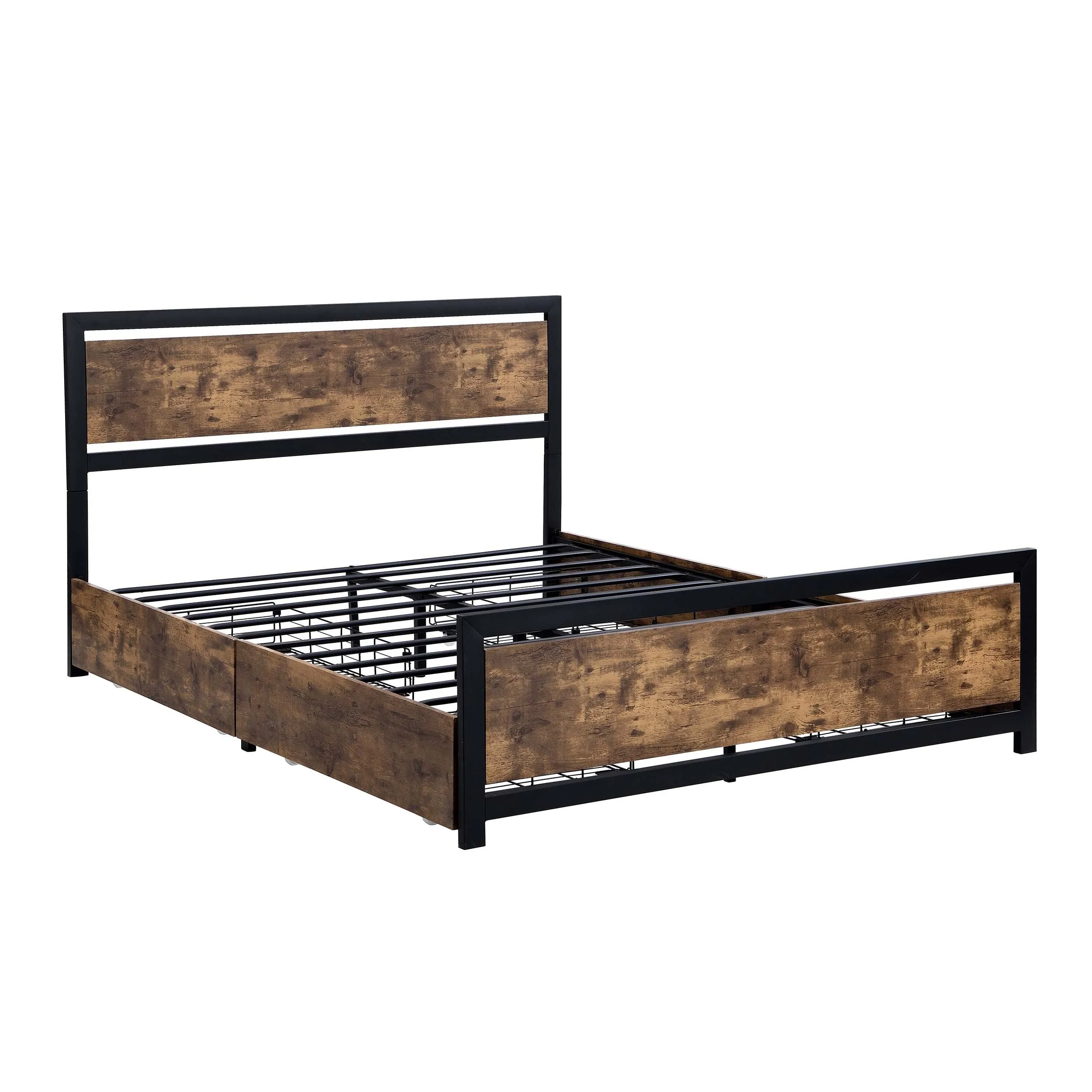 Industrial Wood and Metal Bed Platform with 4 Storage Drawers and Headboard, No Box Spring Needed, Full Size, Brown