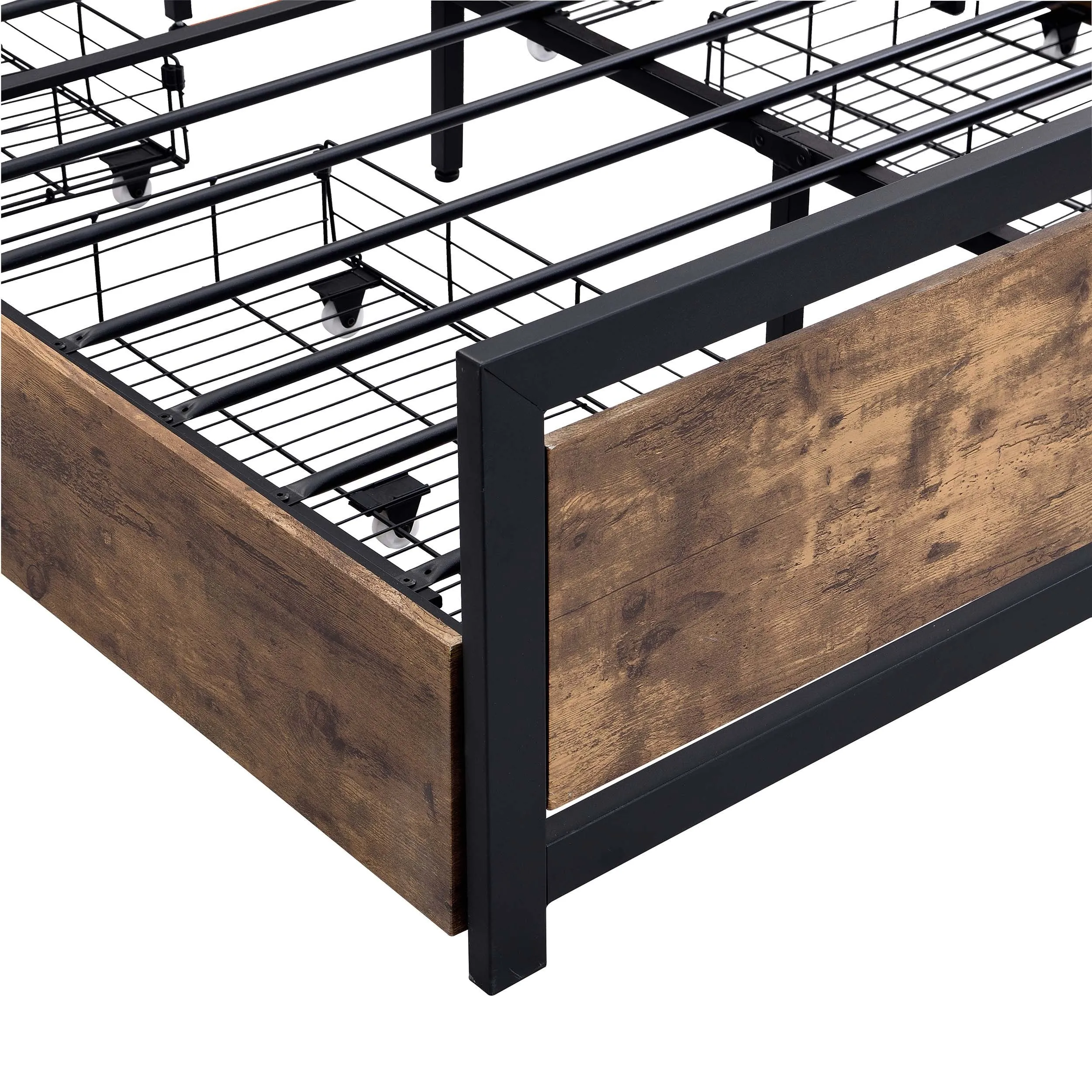 Industrial Wood and Metal Bed Platform with 4 Storage Drawers and Headboard, No Box Spring Needed, Full Size, Brown