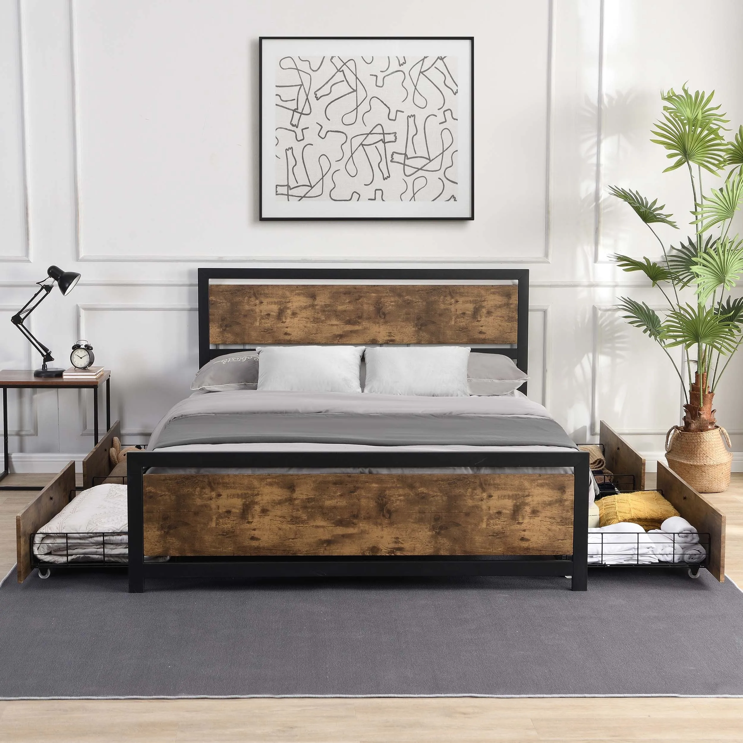 Industrial Wood and Metal Bed Platform with 4 Storage Drawers and Headboard, No Box Spring Needed, Full Size, Brown