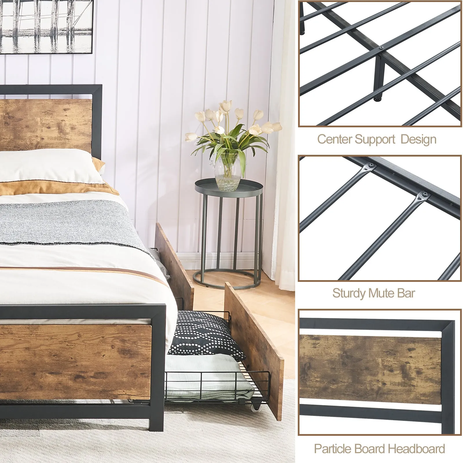 Industrial Wood and Metal Bed Platform with 4 Storage Drawers and Headboard, No Box Spring Needed, Full Size, Brown