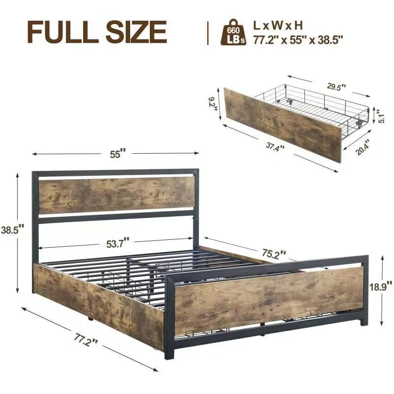 Industrial Wood and Metal Bed Platform with 4 Storage Drawers and Headboard, No Box Spring Needed, Full Size, Brown