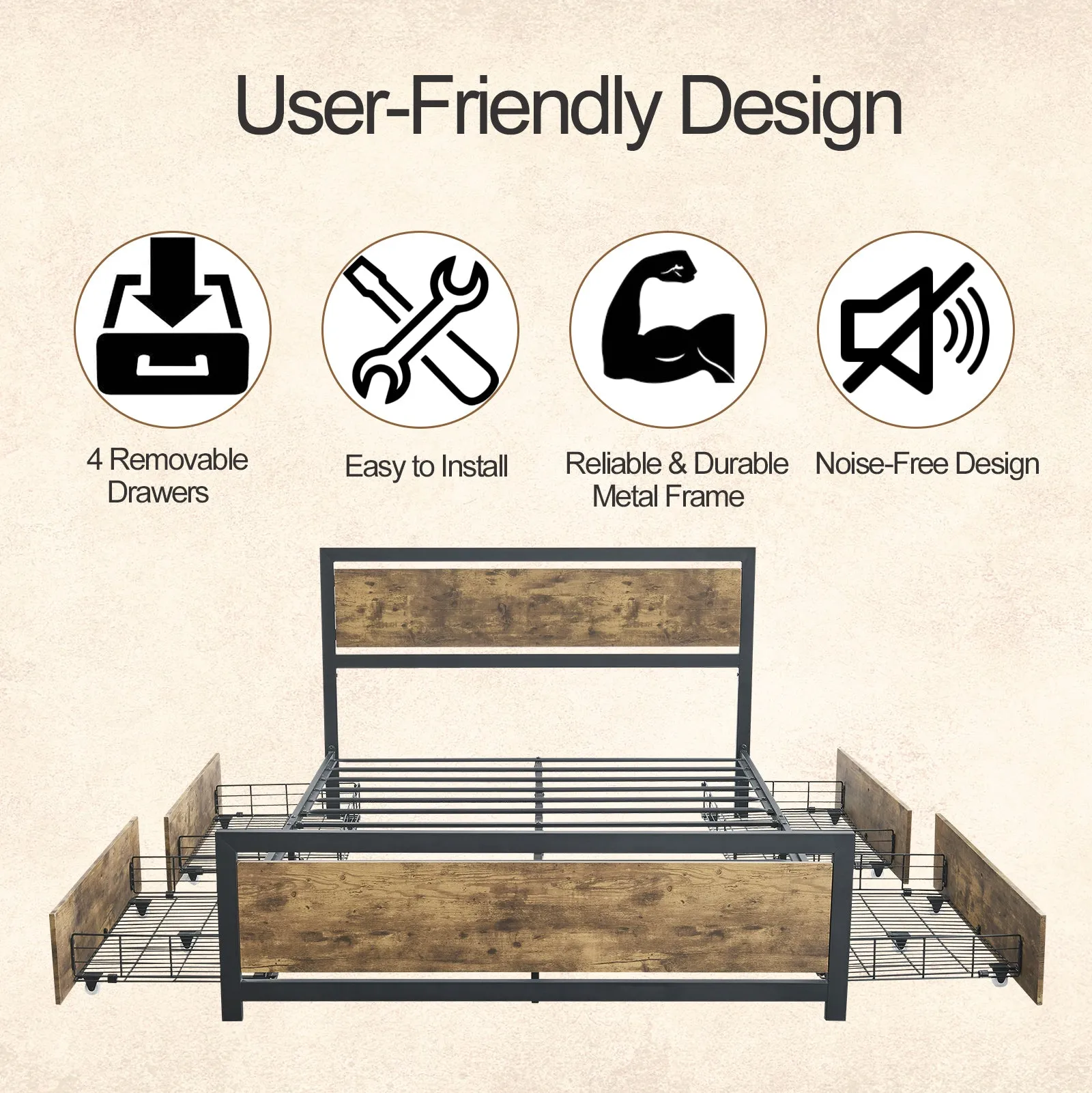 Industrial Wood and Metal Bed Platform with 4 Storage Drawers and Headboard, No Box Spring Needed, Full Size, Brown