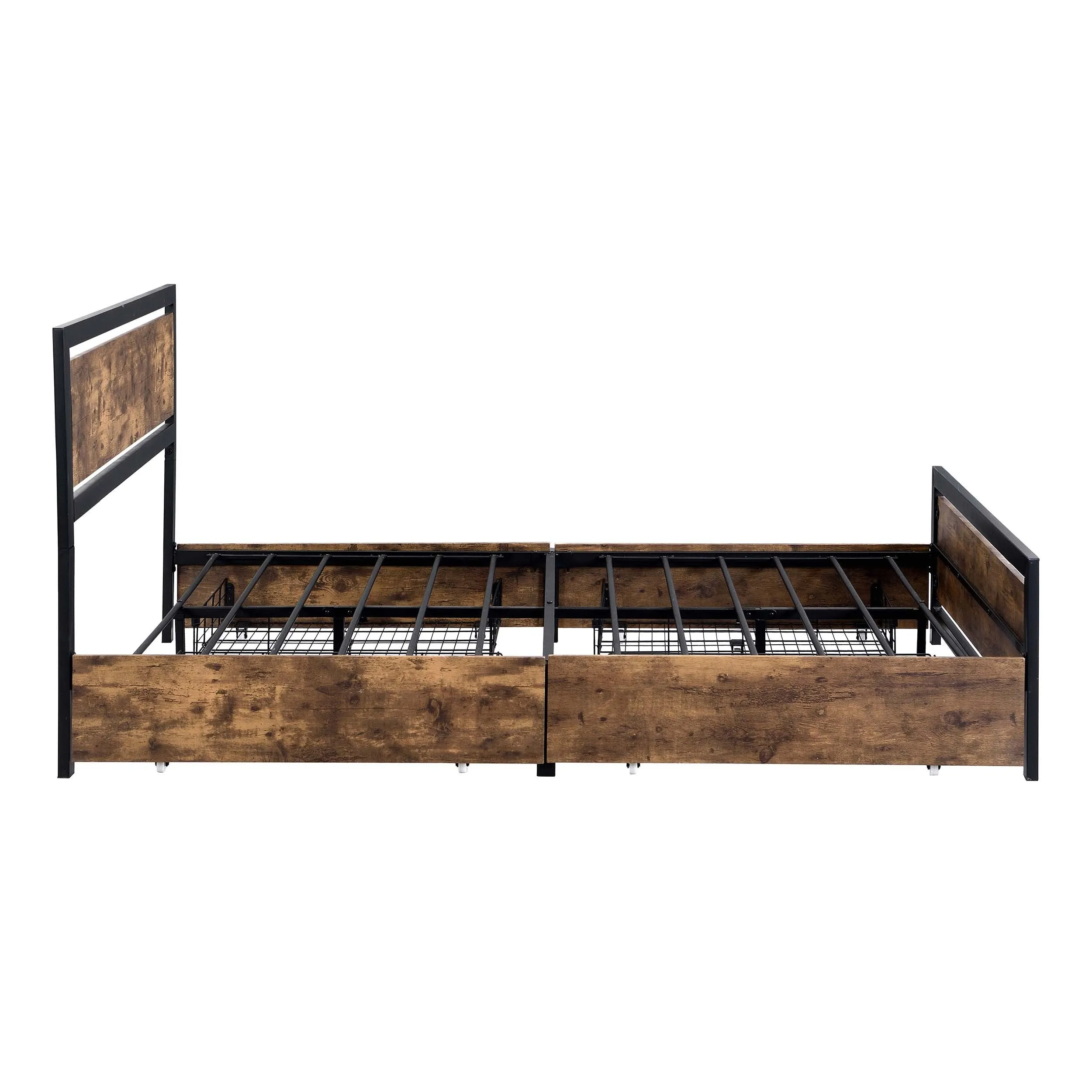 Industrial Wood and Metal Bed Platform with 4 Storage Drawers and Headboard, No Box Spring Needed, Full Size, Brown