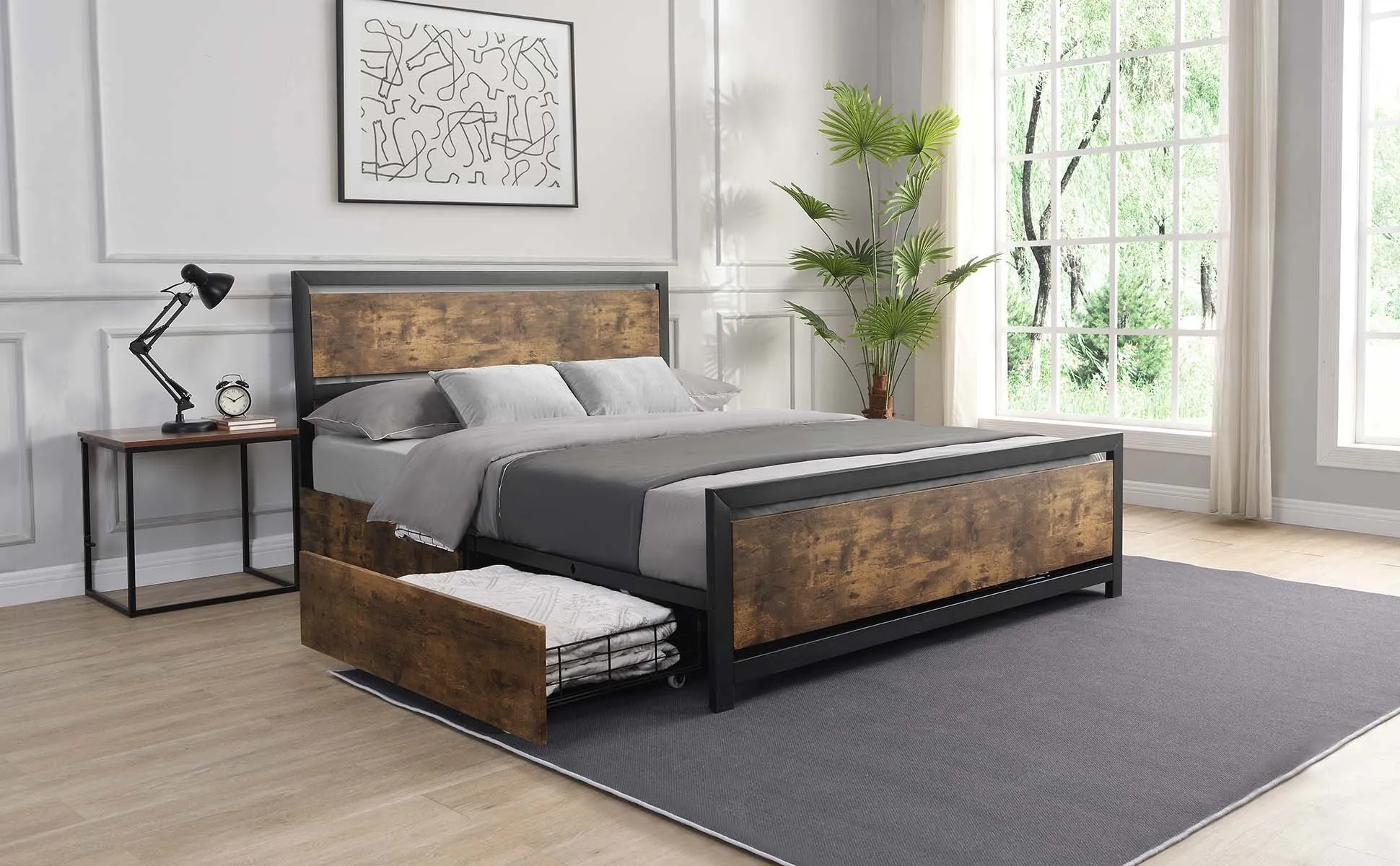 Industrial Wood and Metal Bed Platform with 4 Storage Drawers and Headboard, No Box Spring Needed, Full Size, Brown