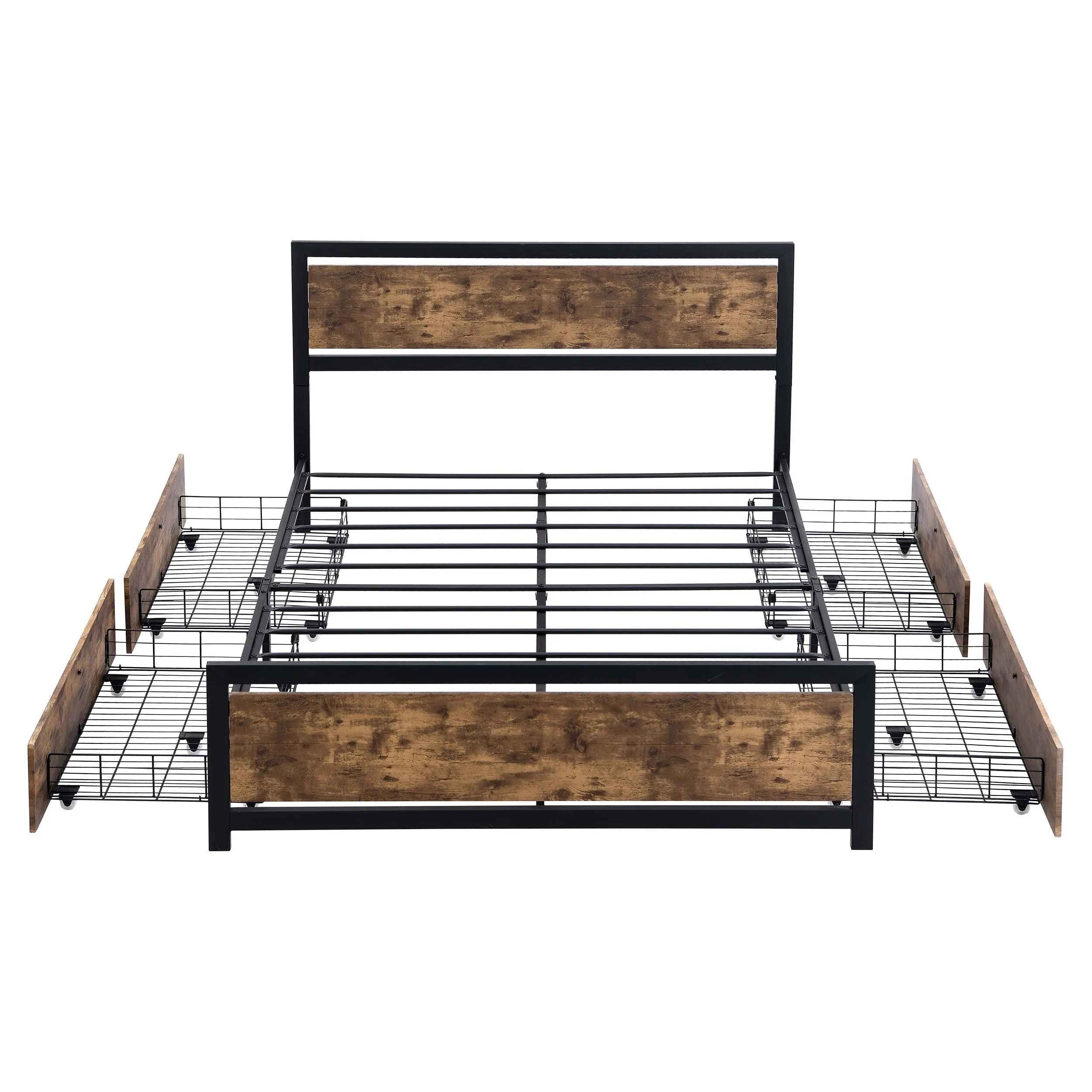 Industrial Wood and Metal Bed Platform with 4 Storage Drawers and Headboard, No Box Spring Needed, Full Size, Brown