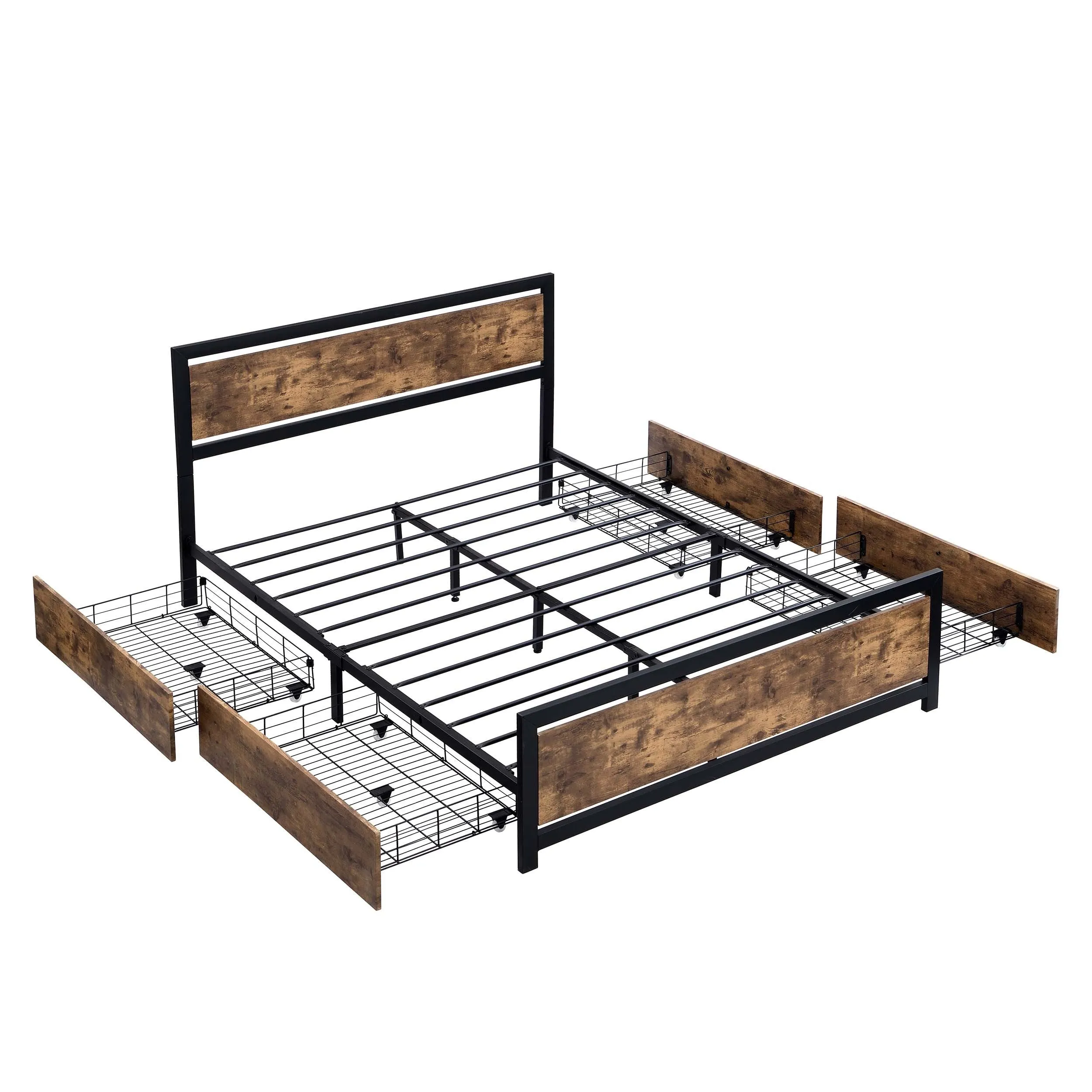 Industrial Wood and Metal Bed Platform with 4 Storage Drawers and Headboard, No Box Spring Needed, Full Size, Brown