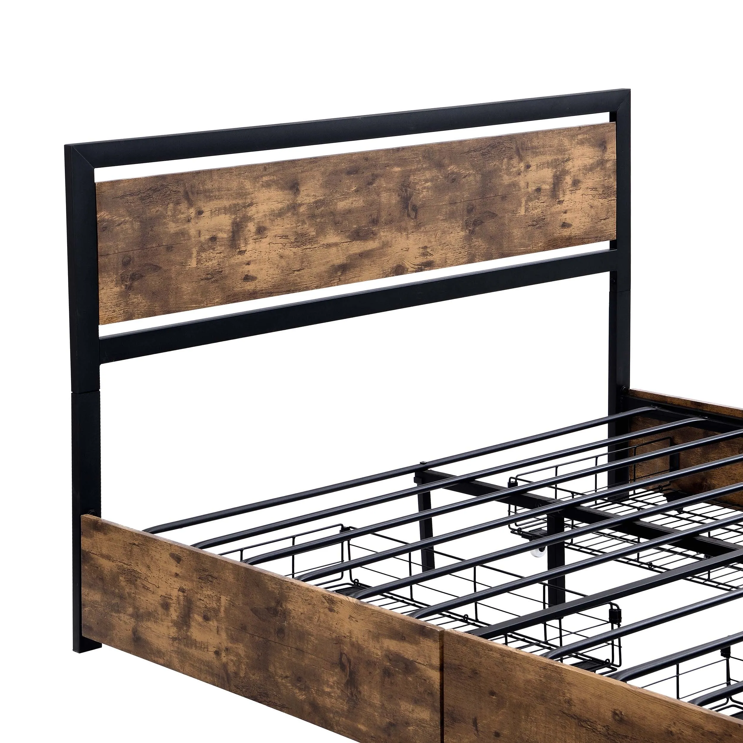 Industrial Wood and Metal Bed Platform with 4 Storage Drawers and Headboard, No Box Spring Needed, Full Size, Brown