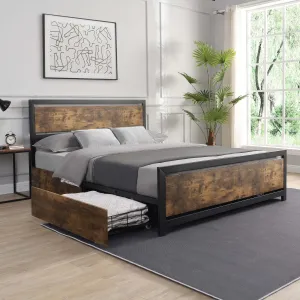 Industrial Wood and Metal Bed Platform with 4 Storage Drawers and Headboard, No Box Spring Needed, Queen Size, Brown